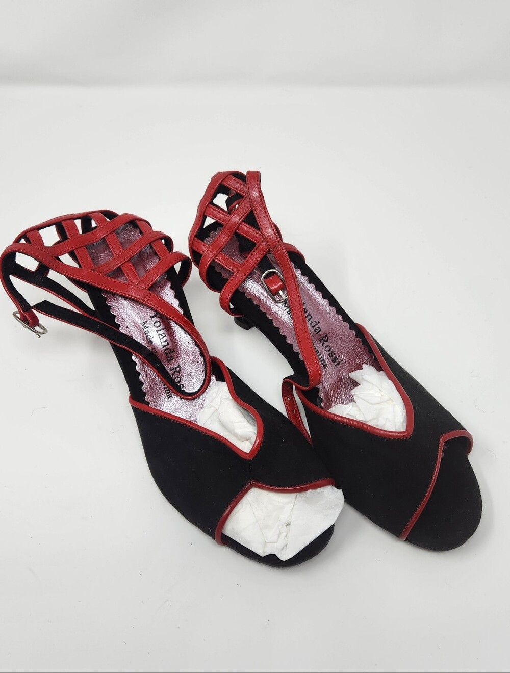 Red & Black Strappy Peep-Toe Women's Heels